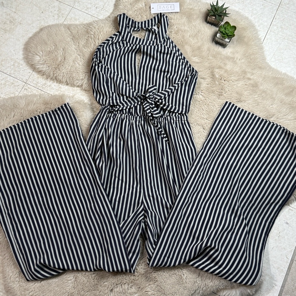 NWT Sage the Label Jumpsuit Romper Open Back Front Tie Striped Blue White Small